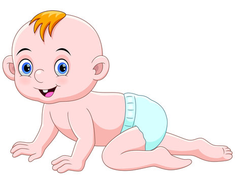 Cute cartoon baby crawling and smiling isolated on white background