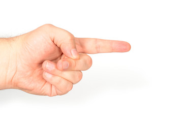 Man hand pointing to right with index finger, isolated on white background.