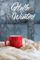 Obraz na płótnie Canvas Cozy winter still life: mug of hot tea and warm woolen knitting on vintage windowsill against snow landscape from outside.