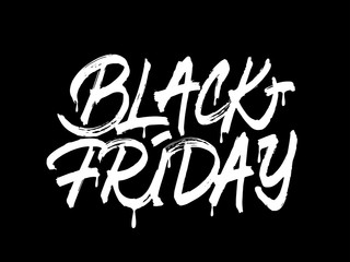 Black Friday - brush inscription with white color spots . Black background.