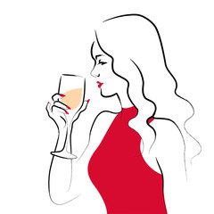 Vector hand drawn portrait of young beautiful lady in red dress with wine glass isolated on white background. Hand drawn sketch minimal style. Concept for ladies night party, bar, happy cocktail hour.