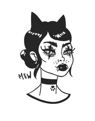 Hand Drawn portrait Stylish Cat Woman. Beautiful Fashion Illustration face on white background. Doodle Vector pattern attractive Teenager Halloween Girl