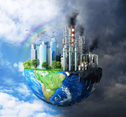 concept of global disaster. The contrast between pure nature, bright sky, trees and polluting...