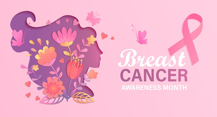 Breast cancer awareness month. World preventive health care initiative.Banner with paper cut woman face and flowers in her head,butterfly,pink ribbon, place for text.Poster, flyer.Vector illustration.