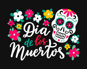 Mexican style colorful ornate sugar skull with yellow, red flowers and leaves. Day of the Dead hand drawn lettering phrase inscription in spanish language. Holy death symbol EPS 10 vector illustration