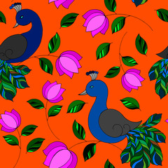 seamless pattern with plants and peacocks