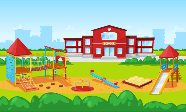 Playground with carousel and sandbox vector, school institution building  exterior facade. Cityscape with skyscrapers and town fog. Education place.  Back to school concept. Flat cartoon Stock Vector | Adobe Stock