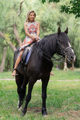 Fototapeta premium Young woman in a bright colorful dress riding a black horse