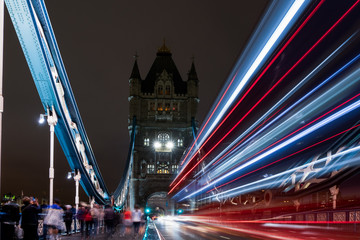 Tower Bridge with car lights at night