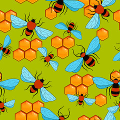 seamless pattern with bees and honey cell