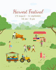 Naklejka premium Harvest festival invitation, 23 August, 6 September, from 10 am till 8 pm. People with vegetables and fruit, fair in park, pumpkin and grape, retail. Funny spending time on harvest festival