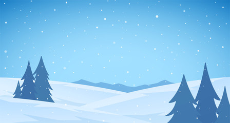 Cartoon Winter snowy Mountains flat landscape with pines and hills. Blue Christmas background