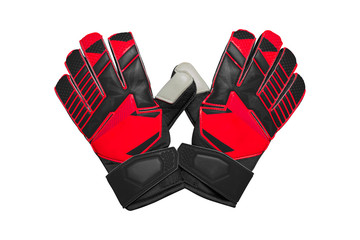 Red and black goalkeeper glove on white.