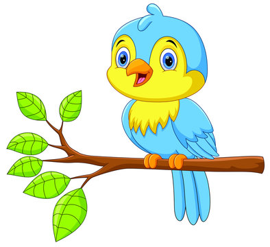 Cute little bird cartoon on a tree branch isolated on white background