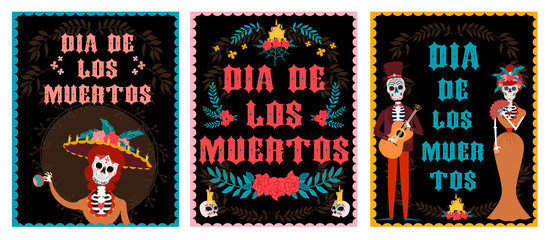 Day of the dead festival posters set with skeleton. Mexican traditional holiday. Mexican wording translation: "Day of the dead". Editable vector illustration.