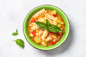 Minestrone with vegetable and pasta top view.