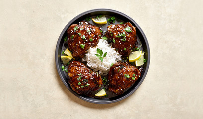 Sweet and spicy honey grilled chicken thighs with rice