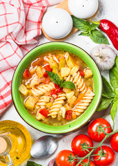 Minestrone with vegetable and pasta top view.