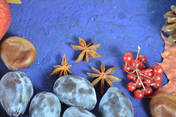 Fototapeta na wymiar Autumn harvest, grapes, autumn fallen leaves, apples, plums, cinnamon, anise. wild grapes in autumn in the rain