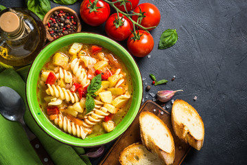 Minestrone with vegetable and pasta top view.