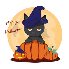 Cute black cat in witch hat and Halloween pumpkins on white background