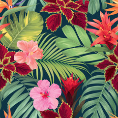 Seamless tropical pattern with guzmania, hibiscus flowers and palm leaves background. Vector set of exotic tropical garden for holiday invitation, greeting card and textile fashion design.