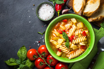 Minestrone with vegetable and pasta top view.