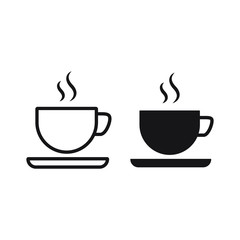 Cup of coffee or tea with steam, vector  line icon black on white