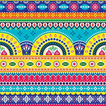  Pakistani or Indian vectopr seamless design inspired by truck art, vibrant pattern with geometric shapes and flowers