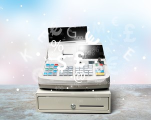 Cash register with LCD display on background