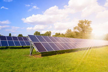 In this lush green meadow, the solar panels on the stand gleam as the summer sun reflects off them.