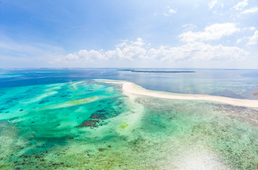 Aerial view tropical beach island reef caribbean sea. White sand bar Snake Island, Indonesia Moluccas archipelago, Kei Islands, Banda Sea, travel destination, best diving snorkeling