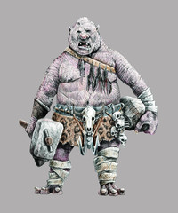 Giant troll with hammer. Fantasy drawing. Cannibal on the hunt.