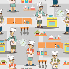 Chef Boy in the Kitchen Vector Seamless Pattern