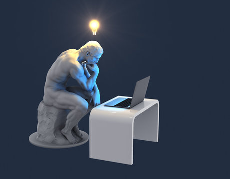 Sculpture Thinker With Laptop And Glowing Light Bulb Over His Head As Symbol Of New Idea. Blue Background