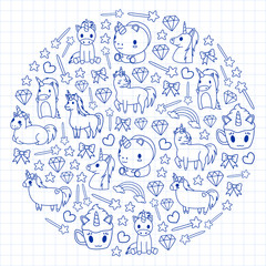 Children pattern with fairy tale unicors for kids clothes, posters, banners, shirts. Vector image with cartoon character.