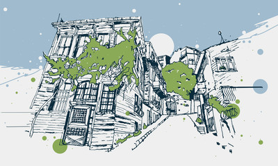 Drawing sketch of Balat district in Istanbul