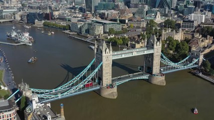 Aerial view of cityscape of London, Tower Bridge over Thames river and Tower of London - panorama of capital city of United Kingdom from above, Great Britain, Europe