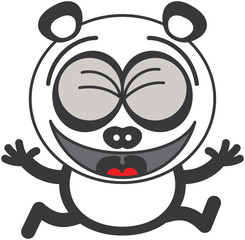 Cute panda bear with rounded ears and black rings around eyes while clenching its bulging eyes, laughing and running as for celebrating something in a joyful way