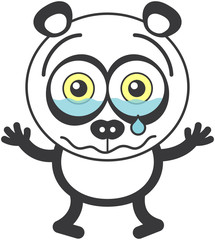 Cute panda bear with rounded ears and black rings around eyes while asking for a hug, crying bitterly and showing a very sad and dispirited mood
