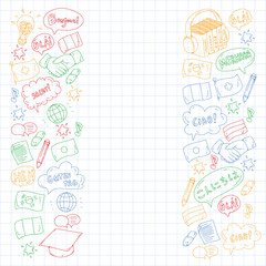 Vector pattern for language class, online courses. English, arabic, italian, japanese, spanish, chinese, german.