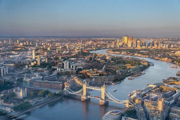 Iconic Tower Bridge and London skyline, shot from The Shard