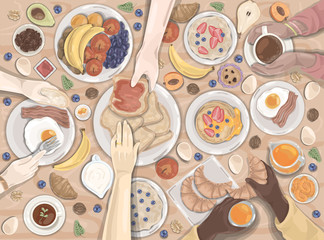 Breakfast, dinner, hotel, food set. Group of people family or friends eat at a common table together. Holiday. Vector illustration flat design.