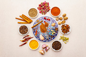 Ingredients for preparation oriental spice Ras el Hanout
