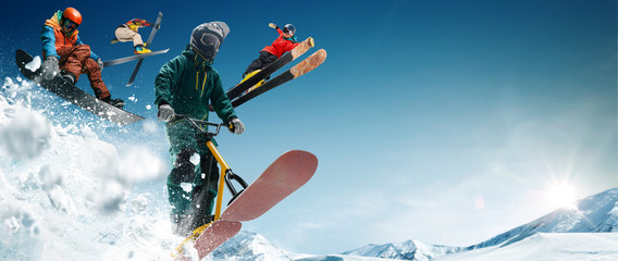 Skiing, snow scoot, snowboarding. Extreme winter sports.