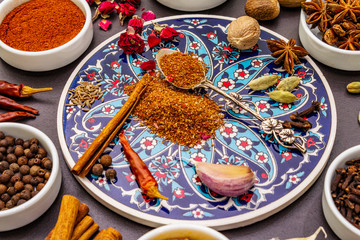 Ingredients for preparation oriental spice Ras el Hanout