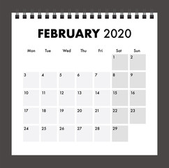 February 2020 calendar with wire bind