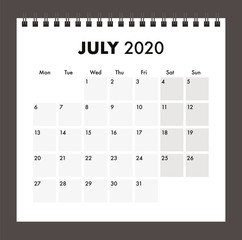 July 2020 calendar with wire band