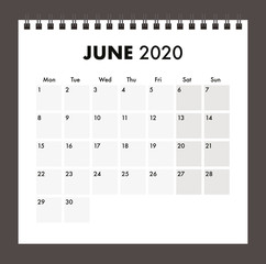 June 2020 calendar with wire band