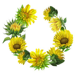 flower wreath of sunflowers.Design for greeting card,illustration isolated on white background